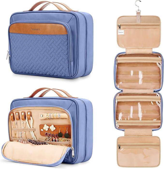 Travel Hanging Toiletry Bag for Women, Cruise Ship Essentials, with Jewelry Organizer, Extra Large Makeup Dopp Kit, Waterproof Cosmetic Bags, Toiletries Kit Set with Trolley Belt, Blue by COOSKY