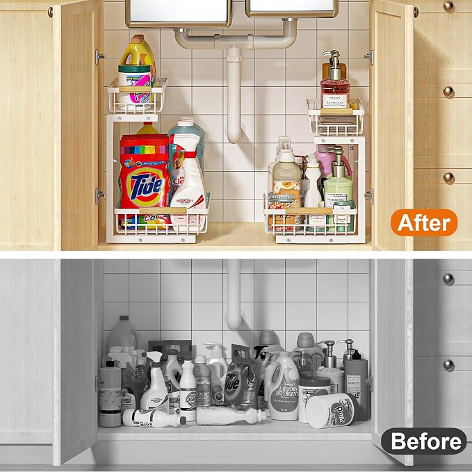 Under Sink Organizer, Height Adjustable Under Sink Organizers and Storage, 2 Tier Pull Out Drawer Cabinet Storage for Kitchen Bathroom, 1 Pack, White | cabinet organizer, 5 level adjustable, quiet sliding rails, dual suction and nano tape, no drill, ru... - Image 8