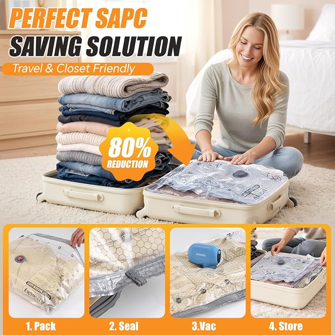Travel Vacuum Bags with Rechargeable Pump, 12 Pack Compression Packing Bags with 35KPA Electric Pump, 90% Space Saver for Clothes, Vacuum Seal Bags fo Carry-on Luggage Suitcase - Image 7