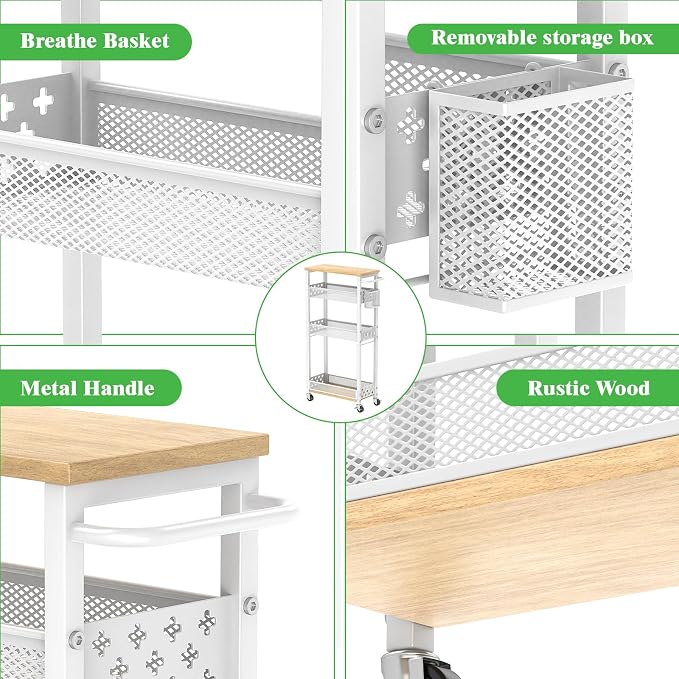 4 Tier Slim Rolling Cart Bathroom Organizer and Storage with Wheels | Narrow metal laundry room cart，kitchen organizer, trolley with handle and mesh basket, 7.1 inch width for small space, white - Image 7