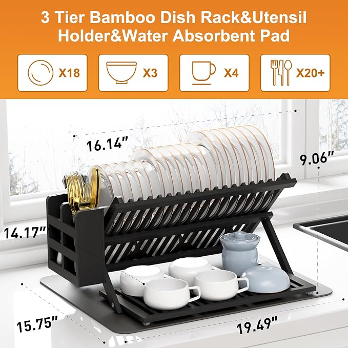 Greenual Black Bamboo Dish Drying Rack with Utensil Holder, 3 Tier Collapsible Dish Rack, Wooden Dish Racks for Kitchen Counter, Large Folding Drying Holder with Absorbent Dish Drying Mat - Image 2
