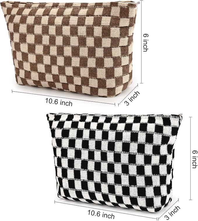 SOIDRAM 2 Pieces Makeup Bag Large Checkered Cosmetic Bag Capacity Canvas Travel Toiletry Bag Organizer Cute Makeup Brushes Aesthetic Accessories Storage Bag for Women, Checkered L Black Brown - Image 3