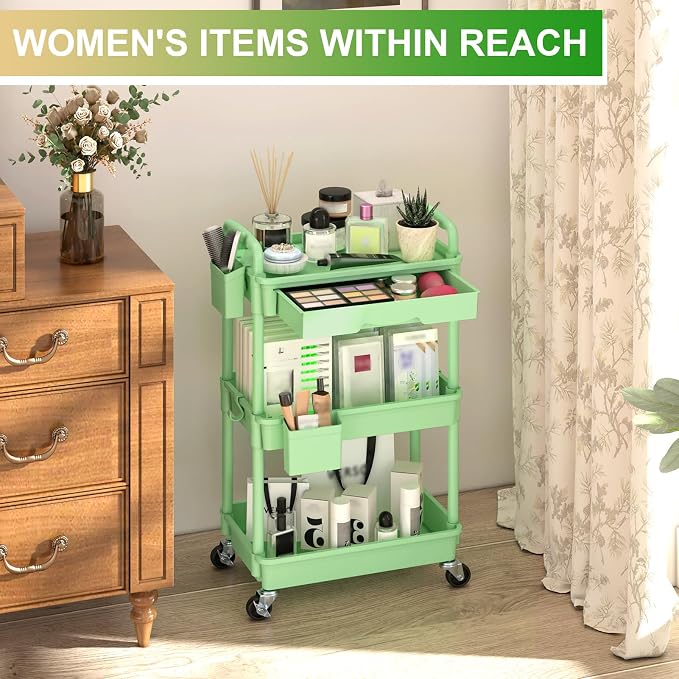 Goovilla 3 Tier Rolling Utility Cart Organizer with Removable Drawer, Green | Stable and Sturdy Rolling Storage Carts with 2 Lockable Wheels for Bathroom, Kitchen, Snack, Craft, Makeup, Baby Essentials - Image 5