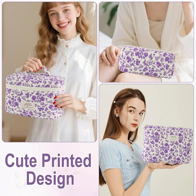 URSKYTOUS 3Pcs Cotton Quilted Makeup Bag for Women Girls Large Small Travel Portable Cosmetic Bag Set Cute Purple Floral Zipper Make Up Pouch Coquette Aesthetic Storage Toiletry Organizer Case - Image 6