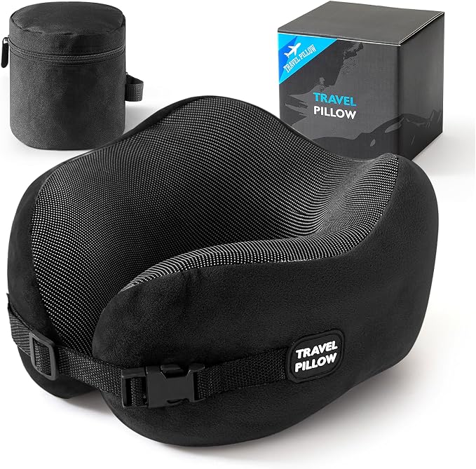 Neck Pillow Travel Pillow - 100% Pure Memory Foam Airplane Pillow with Adjustable Clasp & Removable Cover, Portable Travel Essentials for Long Flights, Car & Office (Black) by PEUJEW
