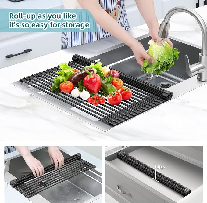 Ohuhu Sink Drying Rack, 20.5" W x 16.1" L Over Sink Roll-Up Dish Drainer - Rolling Foldable Accessories Heat-Resistant Mat Anti-Slip Silicone Coated Multipurpose for Kitchen Counter - Image 6