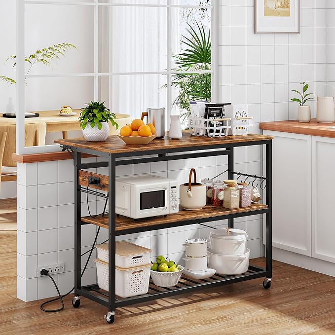 Kitchen Island with Power Outlet and Folding Top, Movable with 3-Tier Storage, Large Size, Wooden Shelves and Wine Rack, for Kitchen, Dining and Living Room, Rustic Brown and Black TZD02UBF by Choezon