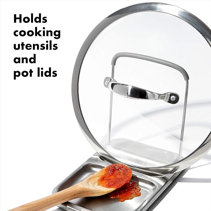 OXO Good Grips Stainless Steel Spoon Rest with Lid Holder | Holds Multiple Utensils & Pot Lids While Cooking, Folds Flat for Storage, Ideal for Stovetop and Countertop Organization - Image 3