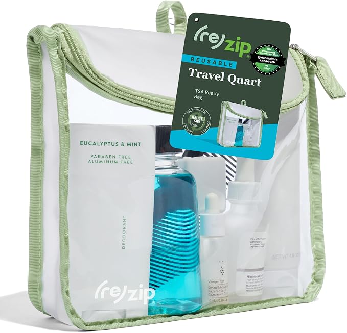 (re)zip TSA Approved Travel Toiletry Bag with Hanging Loop, Travel Quart Bag– Reusable Clear Makeup bags with zipper, Clear Pouch for Travel Essentials, Cosmetic | BPA-Free, Machine Washable - Sage by rezip