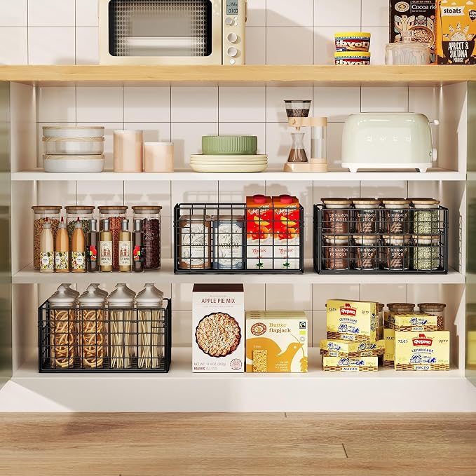X-cosrack Metal Wire Basket Pantry Baskets Foldable Cabinet Organizers with Handles-6 Pack-12"x9"x6", Food Storage Freezer Organizer Bins for Kitchen Bathroom Laundry Closet Garage - Patent Design - Image 6