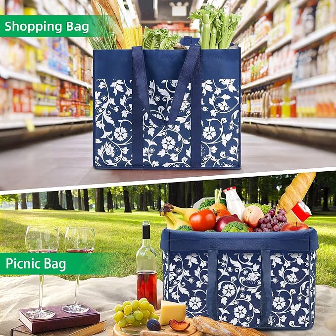 Reusable Grocery Bags Foldable Tote Bags Bulk Shopping Bags 4-Pack, Blue | Reinforced Handles Shopping Bags for Groceries Heavy Duty Kitchen Reusable Grocery Bags with Waterproof Coating - Image 7