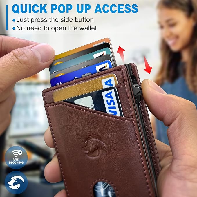 Wallet for Men, Slim Pop Up Card Holder with RFID Blocking, Minimalist Bifold Wallet with 9 Card Slots, ID Window and Cash Pocket, Metal Flip Case with Magnetic Closure, Gift Box - Image 5