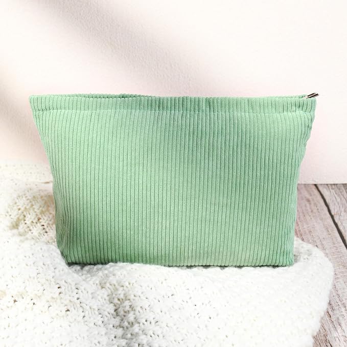 SOIDRAM 2 Pcs Corduroy Makeup Bag Large Cosmetic Bag Toiletry Bag Makeup Pouch Travel Bag Organizer Cute Makeup Brushes Aesthetic Accessories Storage Bag for Women Green - Image 6