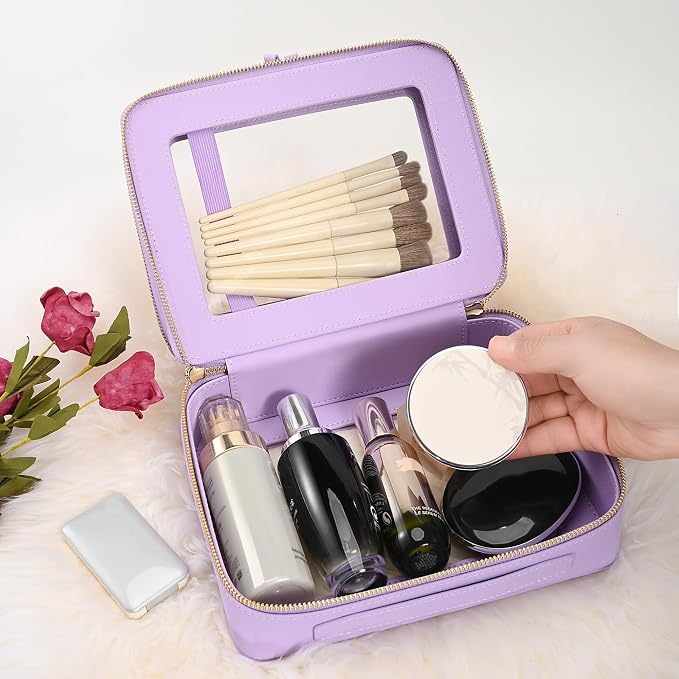 Aveniee Clear Makeup Bags, Double Layer Cosmetic Bags with a Separate Brush Compartment, Large Travel Toiletry Bag Train Case for Women, Travel Accessories Organizer.2 Layers Large, Lilac - Image 2