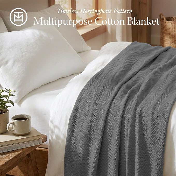 Threadmill Cotton Twin Blanket, Herringbone, Dark Grey, All-Season | 100% Cotton, Herringbone Pattern, 350 GSM, 68x92 in, Breathable, Moisture-Wicking, All-Season, OEKO-TEX Certified - Image 2