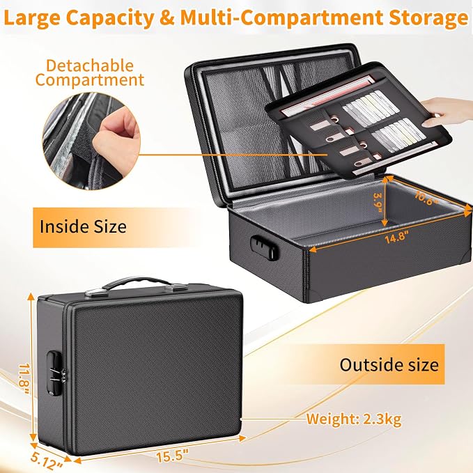 DocSafe Fireproof Document Box with Lock - 12 Layers Heat Insulated, Black | File Organizer Hard Case Safe Box with Fireproof Zipper, Home Safe Protects Important Documents, Passport, Cash - Image 4