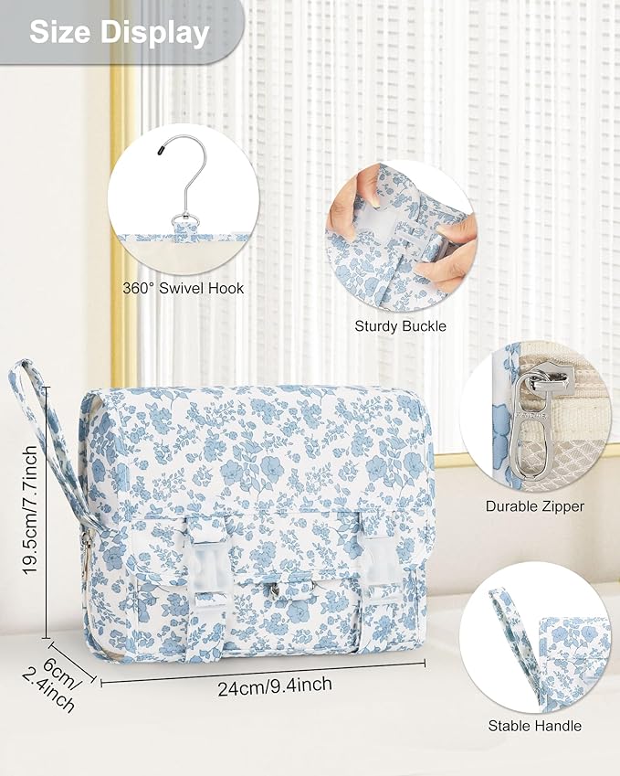 Relavel Small Hanging Toiletry Bag for Women, Floral Hanging Organizer | Portable Travel Bag for Travel-Sized Shower Dopp Kit, Waterproof Toiletries Organizer with 3 Compartments for Outdoor - Image 2
