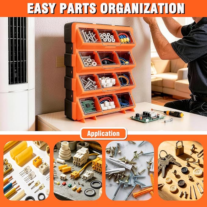 ULIBERMAGNET Tool Box Organizer,12-Compartment Portable Small Parts Organizer for Screws, Bolts,Nails,Washers, Wall-Mounted Hardware Storage Boxes for Garage, Truck, Workshop (Orange) - Image 3