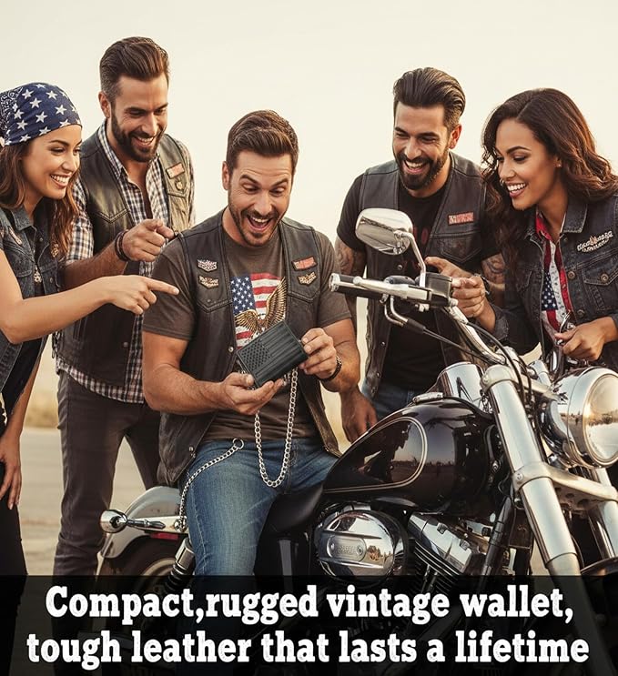F&L CLASSIC RFID Blocking Men's Tri-fold Vintage Biker Cowhide Leather Steel Chain Wallet,Snap closure, black, flag,315-200 - Image 6