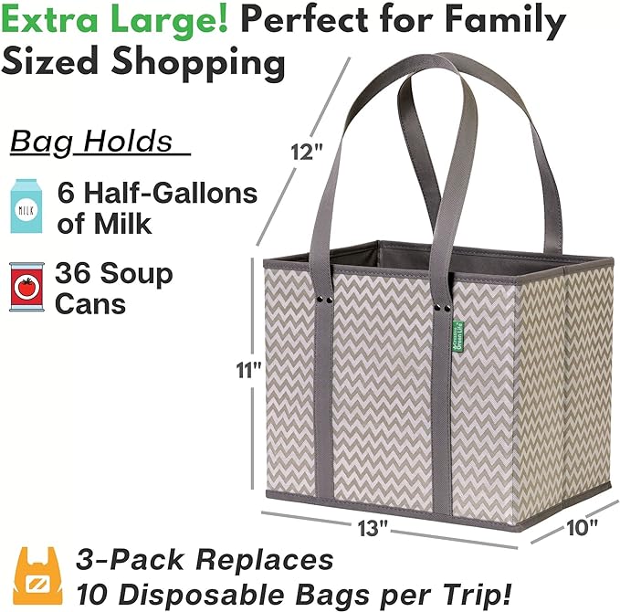 Reusable Grocery Bags (3 Pack) – Heavy Duty Reusable Shopping Bags with Box Shape to Stand Up and Stay Open – Large Tote Bags with Long Handles & Reinforced Bottom – Foldable Utility Bag – Chevron - Image 5