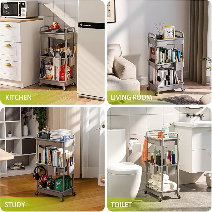 Sorgion 3 Tier Rolling Cart Organizer,Laundry Room Bathroom Organizers and Storage Office Shelves Mobile Shelving Unit Kitchen Trolley Cart with Wheels for Art,Craft,Diaper,Bedside,Snack(Grey) - Image 6