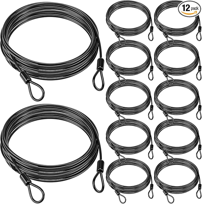 12 Pack Security Cable Luggage Lock with Loops 15 ft 3mm Braided Steel Coated Bike Cable Wire Double Loop Anti Theft Safety for U Lock, Padlock and Disc(Black) by Fiada