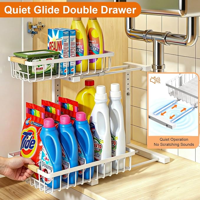 Under Sink Organizer, Height Adjustable Under Sink Organizers and Storage, 2 Tier Pull Out Drawer Cabinet Storage for Kitchen Bathroom, 1 Pack, White | cabinet organizer, 5 level adjustable, quiet sliding rails, dual suction and nano tape, no drill, ru... - Image 3