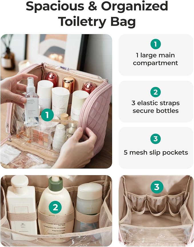 BAGSMART Travel Toiletry Bag, Large Capacity Cosmetic Bags for Women with Hanging Hook, Water-resistant for Toiletries Accessories Brushes Sponge, With Handle - Image 2