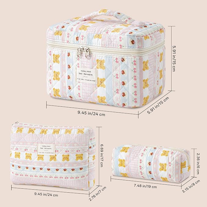 HBselect Quilted Makeup Bag, 3Pcs Cotton Large Travel Makeup Bags Organizer | Cute Floral Make up Bag Cosmetic Bag Toiletry Bag for Women Girls, Makeup Pouch for Skincare, Brushes & Travel Essentials - Image 5