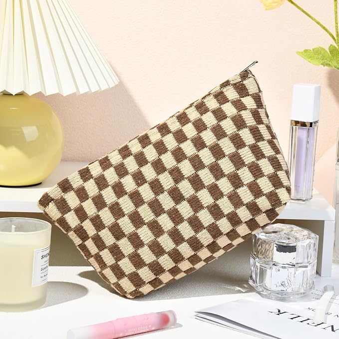 SOIDRAM 2 Pieces Makeup Bag Large Checkered Cosmetic Bag Capacity Canvas Travel Toiletry Bag Organizer Cute Makeup Brushes Aesthetic Accessories Storage Bag for Women, Brown checkered - Image 5