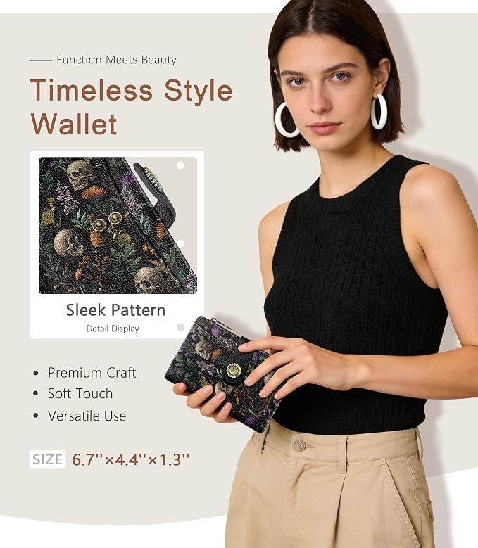 Goth Wallet Women RFID, Flower Passport Holder, Credit Card Holder | 6.7" x 4.4" x 1.3" Bifold, Travel billfold, Zipper Pocket, PU Leather, Clutch, Purse, ID Window, Pen Holder, Gift Ladies Girl - Image 2