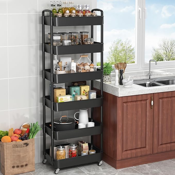Sywhitta 6-Tier Plastic Rolling Utility Cart with Wheels for Storage,Black | Multi-Functional Storage Trolley, for Office, Living Room, Kitchen, Bathroom,Movable Organizer,Space-Saving,Easy to assemble - Image 4