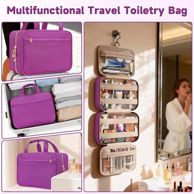 Travel Toiletry Bag for Women, Hanging Makeup Organizer Clear Pockets | Large Hanging Travel Organizer with Compartments, Front Pocket, Fits Full-Size Skincare, Makeup & Toiletries(Purple, Medium) - Image 6