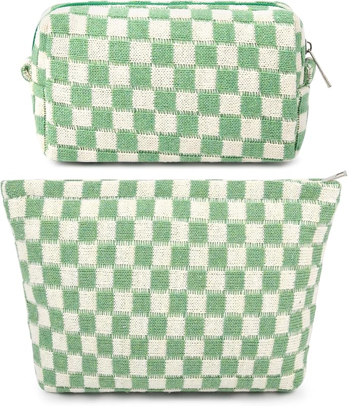 SOIDRAM 2 Pcs Checkered Makeup Bag Large Cosmetic Bag Toiletry Bag Makeup Pouch Travel Bag Organizer Cute Makeup Brushes Aesthetic Accessories Storage Bag for Women Green by SOIDRAM