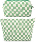 SOIDRAM 2 Pcs Checkered Makeup Bag Large Cosmetic Bag Toiletry Bag Makeup Pouch Travel Bag Organizer Cute Makeup Brushes Aesthetic Accessories Storage Bag for Women Green by SOIDRAM
