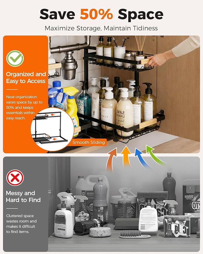 2-Pack 2-Tier Height Adjustable Under Sink Organizer & Storage | Multi-purpose storage for kitchen & bathroom cabinet. Extra Large black shelf, height adjustable design for space-saving. - Image 2