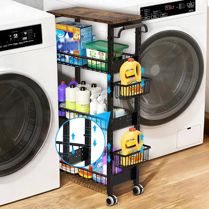 7.8 Inch Ultra-Slim 4-Tier Rolling Storage Cart with Adjustable Shelves | Lockable Wheels & Wooden Top for Narrow Spaces Between Washer/Dryer, Bathroom, Kitchen Organization (Black) by HAILMAJOR
