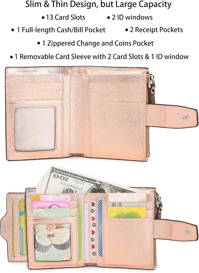 Women's RFID Blocking Leather Small Compact Bi-fold Zipper Pocket Wallet Card Case Purse with id Window - Image 2