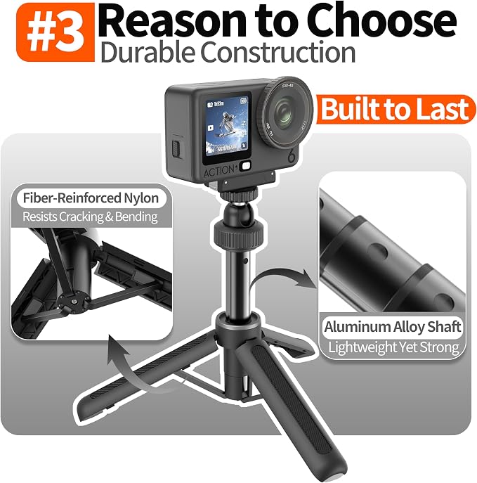 AGVEE Selfie Stick Tripod for DJI Osmo Action 6/Nano Camera | Magnetic Quick Release Mount Accessories, Reinforced Nylon-Fiberglass Legs, Desktop Portable Vlog Travel Extension Rod - Image 4
