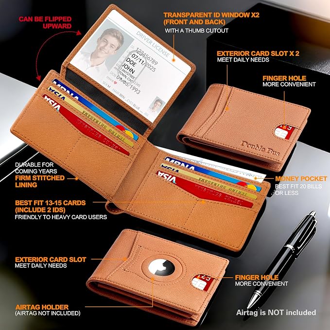 Wallet for Men Slim RFID Blocking Bifold Carbon Fiber,Minimalist Small Compact Front Pocket Credit Card Holder,Thin Mens Leather Wallets Smart Security With 2 ID windows 1 Cash (Cross Brown) - Image 6