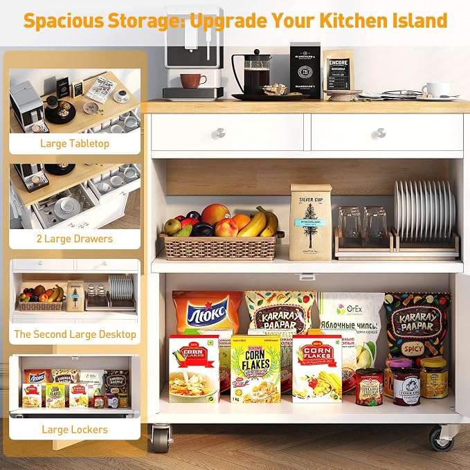 Rolling Kitchen Island with Folding Drop Leaf Breakfast Bar, 35.4'' W Kitchen Cart with Storage Cabinet and 2 Drawers, Portable Mobile Kitchen Island Table with Towel Rack, Lockable Wheels, White - Image 8