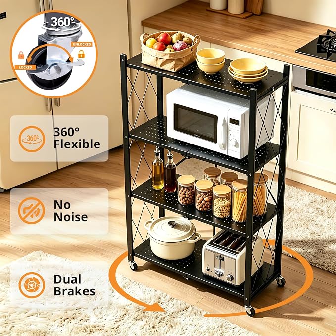 COKIHOM 4 Tier Foldable Storage Shelf, Large Capacity Metal Shelf Rack, Rolling Bookshelf with Wheels, Wire Shelf Organizer for Kitchen, Pantry, Office, Garage, Basement, Black - Image 7