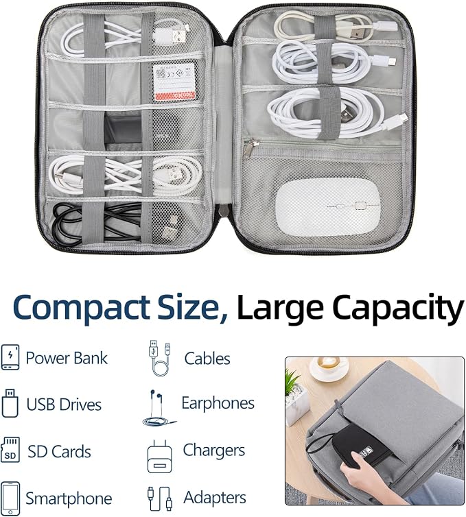 Cable Organizer Bag, Electronics Case for Cords, Chargers & Tech | Organize cables, chargers and power banks with elastic loops, mesh pockets and a slim design for travel. - Image 3