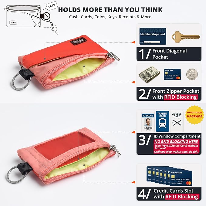 RFID Blocking Travel Wallet with Adjustable Lanyard, Small Nylon Zipper Pouch and Badge Holder for ID, Credit Cards, Cash, Keys, Commuters (BlazingOrange+CoralBlush) - Image 6