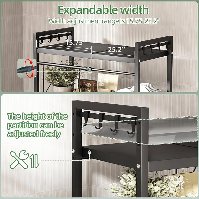 2 Tier Expandable Microwave Stand countertop,Microwave Oven Rack | microwave shelf with Cutting Board Holder and Knife Holder, storage shelves for pans &appliances,8 Hooks,55lbs max load,Black - Image 7