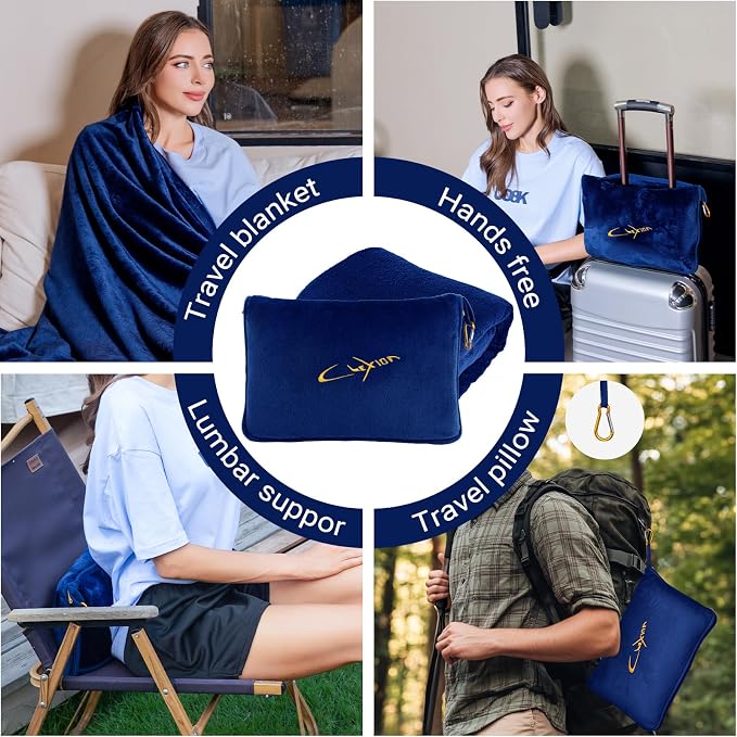 Travel Blanket & Pillow Set, 300 GSM Soft Fleece, 60x43 Inches, 3-in-1 Airplane Blanket, Travel Pillow and Blanket Set, Travel Blanket Airplane Compact with Bag, Travel Essentials, Navy - Image 3