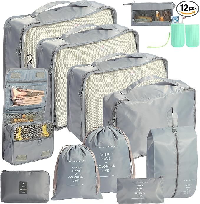 12PCS Packing Cubes for Suitcases, Travel Luggage Organizer Bags, Packing Cubes Luggage Packing Organizers for Travel Accessories, Grey by SECALIFE