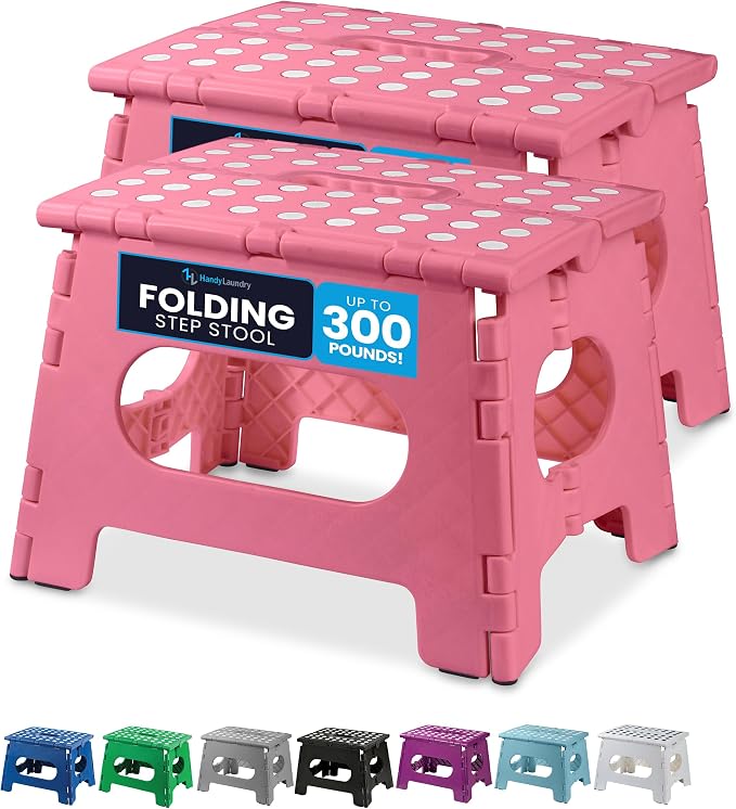 Handy Laundry Folding Step Stool 9 Inch 2-Pack, Pink, Holds 300 lbs | 2-Pack, 9 Inch, Pink, Foldable Collapsible Step Stool, Non-Slip, Holds 300 lbs, Kitchen Bathroom Bedroom, Adults by Handy+Laundry