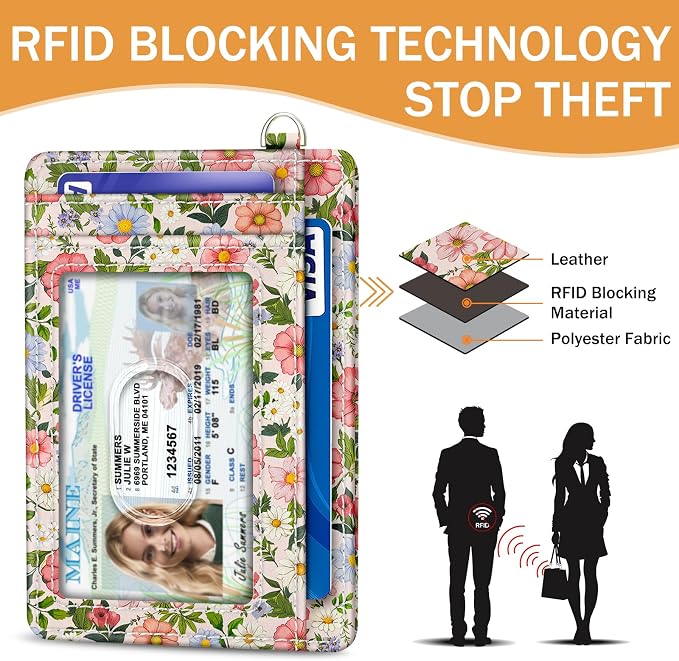 Yonlevres Floral Credit Card Holder Slim RFID Wallet Women Small Travel | Front Pocket, Handy, RFID Blocking, Woman Girls Ladies Gifts, D-ring for Keychain,Thin Mini Card Case, ID Window, PU Leather - Image 5