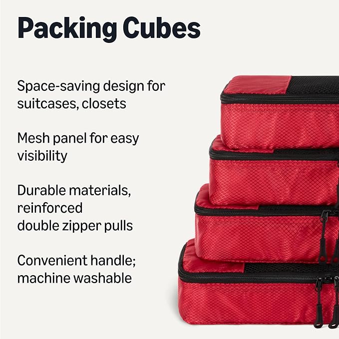 Amazon Essentials 4-Piece Space-Saving Packing Cubes Travel Accessories Set, Luggage Organizer with Double Zipper, Mesh Top, Polyester, Slim, Red (Previously Amazon Basics) - Image 2